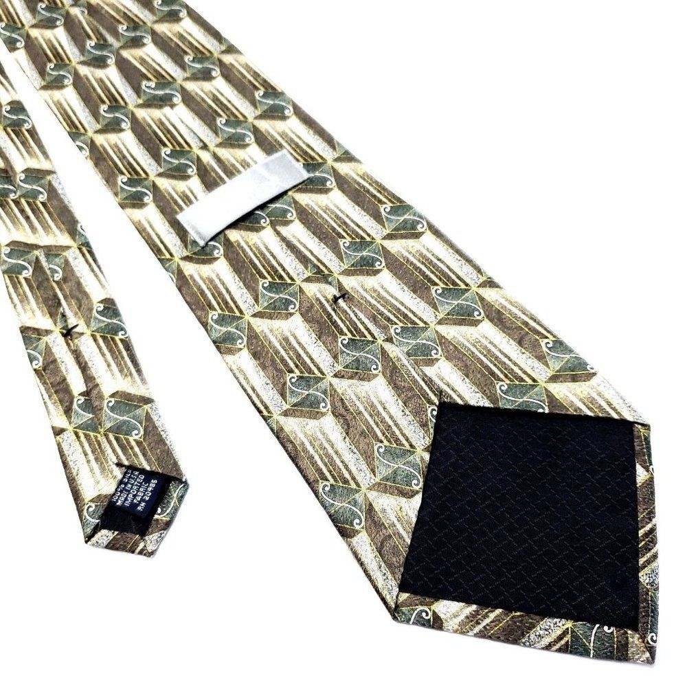 Stafford Executive Silk Tie‎ Brown Green Geometric Print Wide - Picture 3 of 6